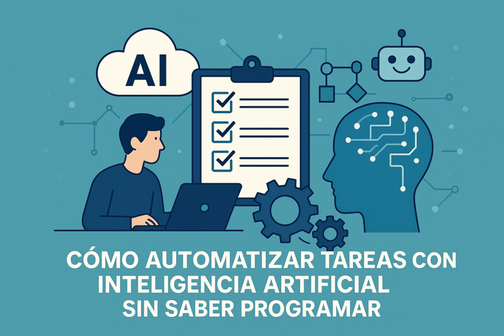 Ilustración de inteligencia artificial y automatización, con elementos como engranajes, un cerebro digital, un robot, un hombre usando laptop y una nube con “AI”.