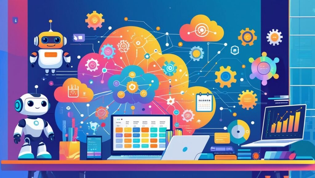 Ilustración moderna de herramientas digitales conectadas por inteligencia artificial