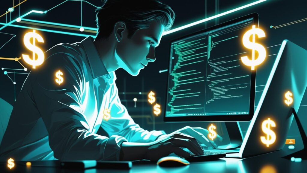 Programador ganando dinero con inteligencia artificial programando
