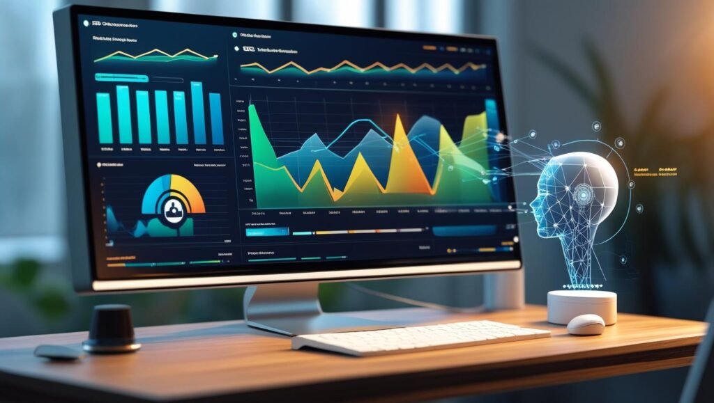 escritorio con análisis SEO y asistente de IA